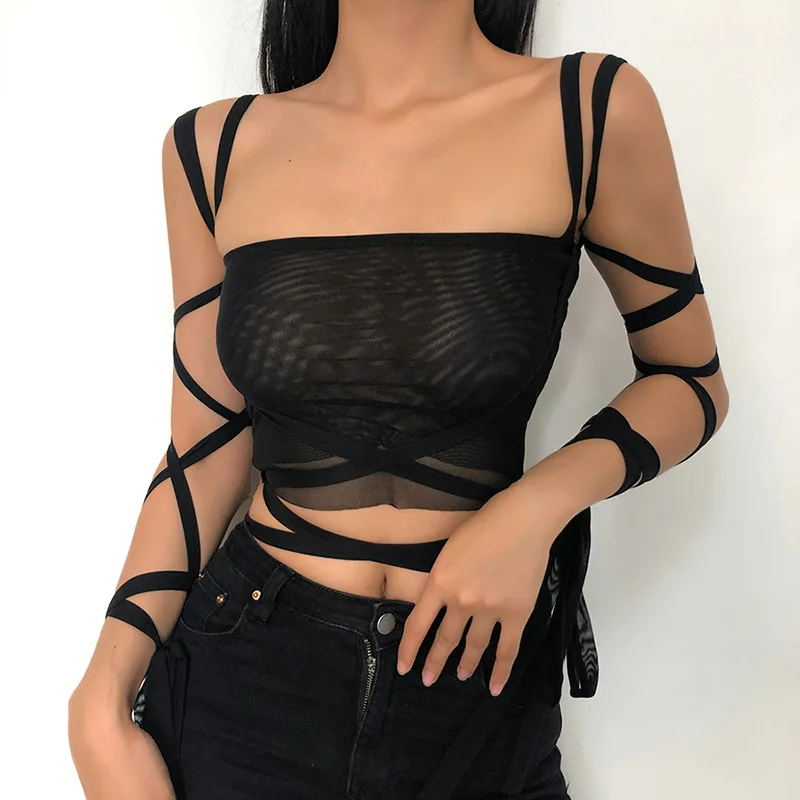 

Women Black Mesh Crop Top Cyber Y2k Grunge New Aesthetic Clothes Lace Up Bandage Mall Goth Tanks Sexy Summer Clothing Streetwear