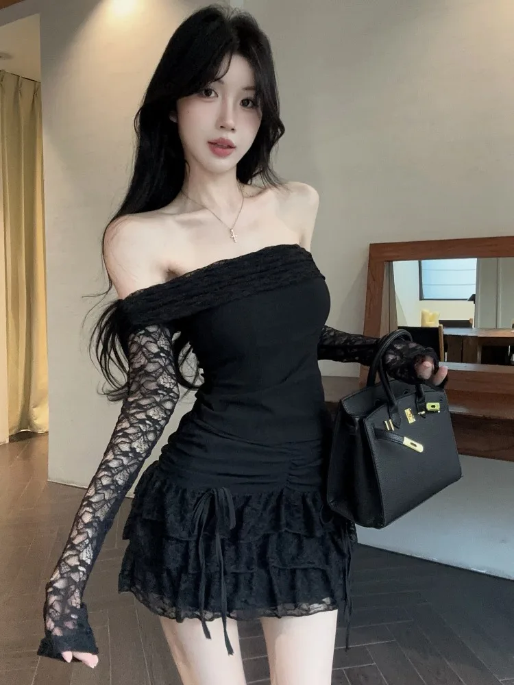 

Sexy Pure Desire Lace Mesh Splice One Shoulder Top High Waist Pleated Half Skirt Two Piece Set Women Autumn Winter New Style
