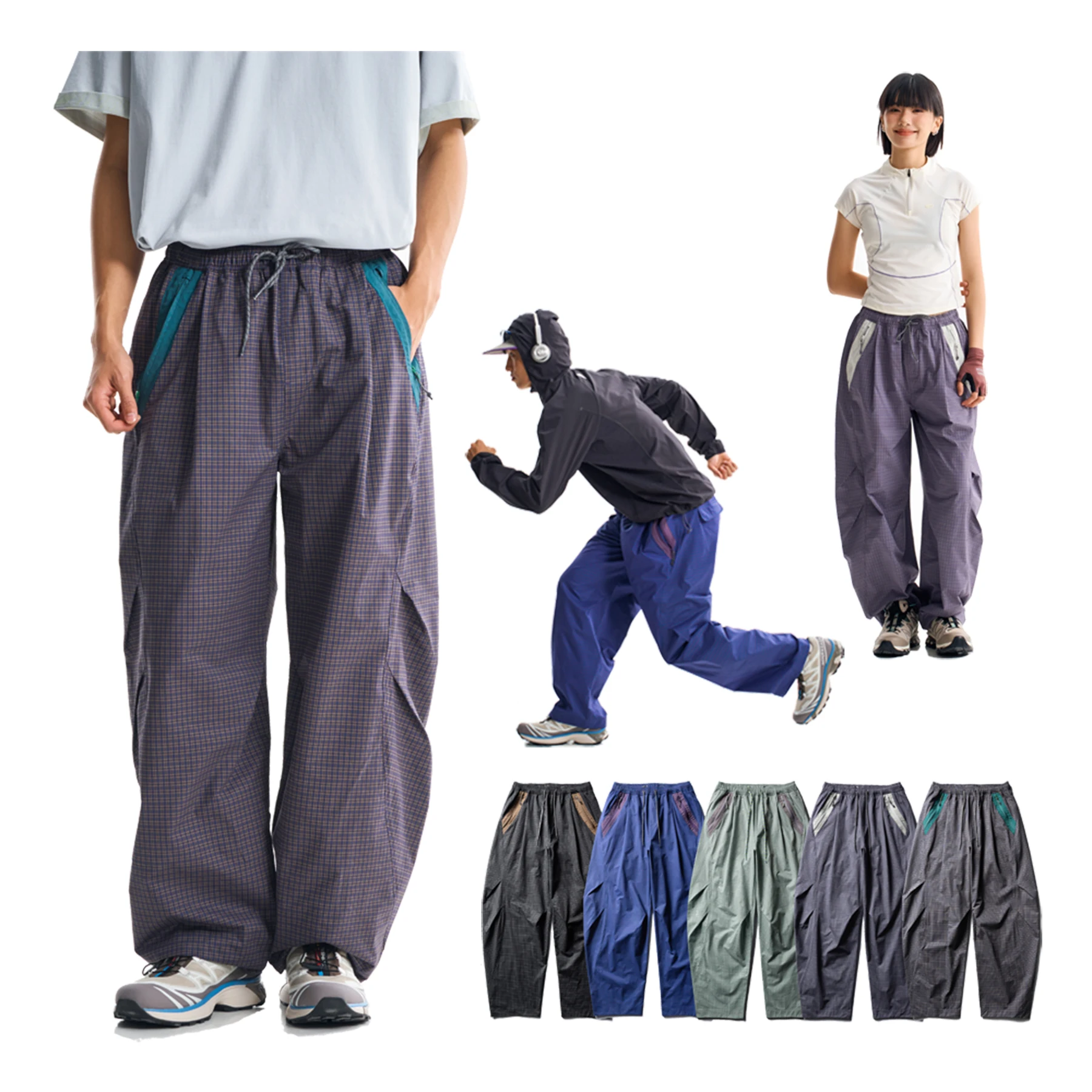 Unisex Plaid Baggy Hiking Pants Water‑Repellent Windproof Quick Dry Lightweight Zip Pockets Loose Outdoor Streetwear Trousers