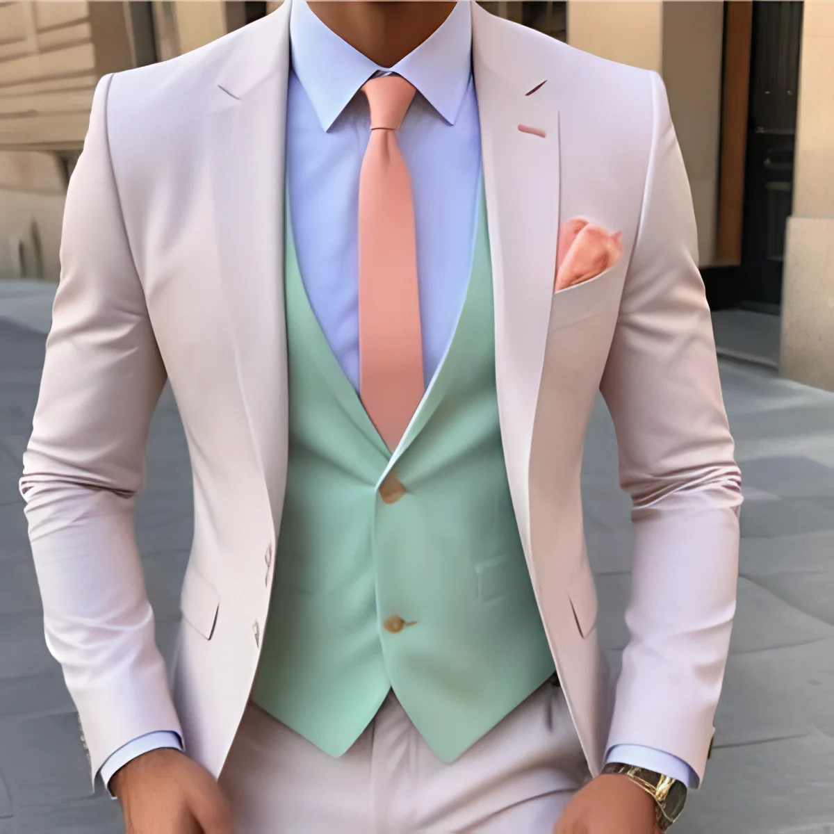 

Light Pink And Mint Formal Men Suit Male Party Prom Business Tuxedos Groom Groomsman Wedding 3 Piece Set Blazer Vest Pants