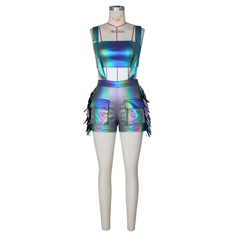 Metallic Vergoldung 2 Stück Set Frauen sexy träger lose Crop Tops Seite Quaste Taschen Hosenträger Shorts Mode Streetwear Freizeit anzüge