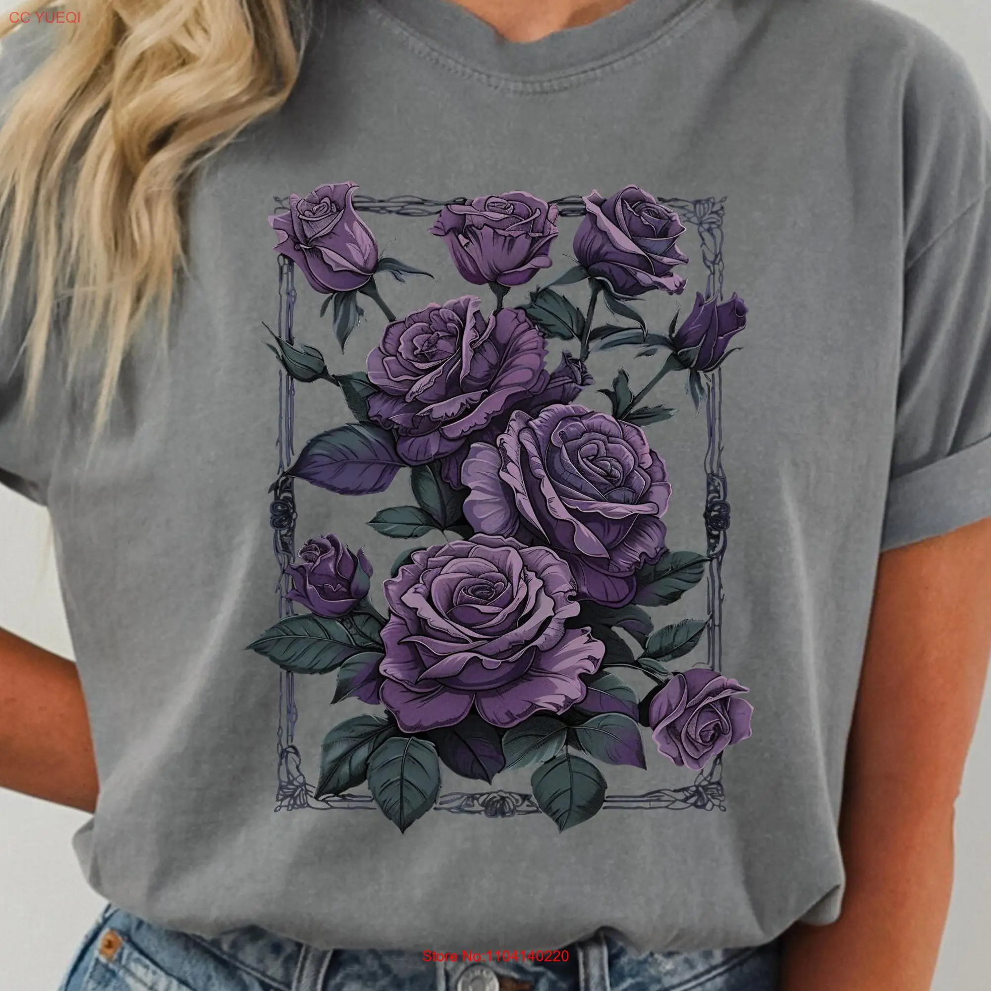 Vintage Roses T Shirt Retro Flower Gothic Purple Floral Oversized  long or short sleeves