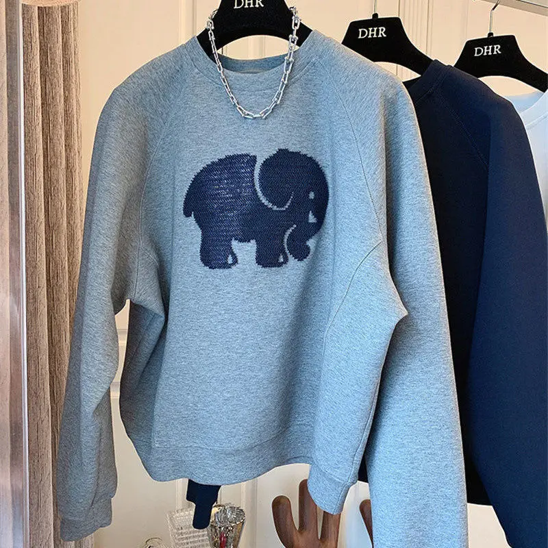 Loose Long Sleeves Autumn Winter Euro-us Style Elephant Woman's Sweatshirt Embroidery Pullover Fashion Harajuku Female Clothes