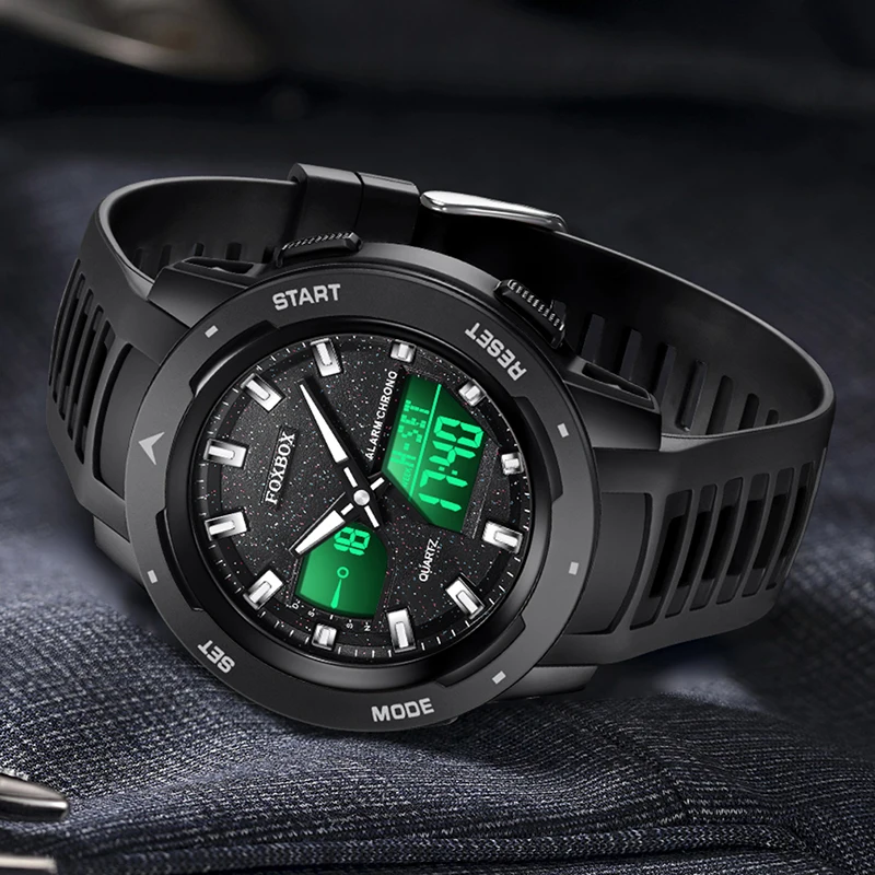 FOXBOX Quartz Watch for Men Luxury Fashion LED Backlight Alarm Chronograph Waterproof Analog Digital Wristwatch Male Clock Gift