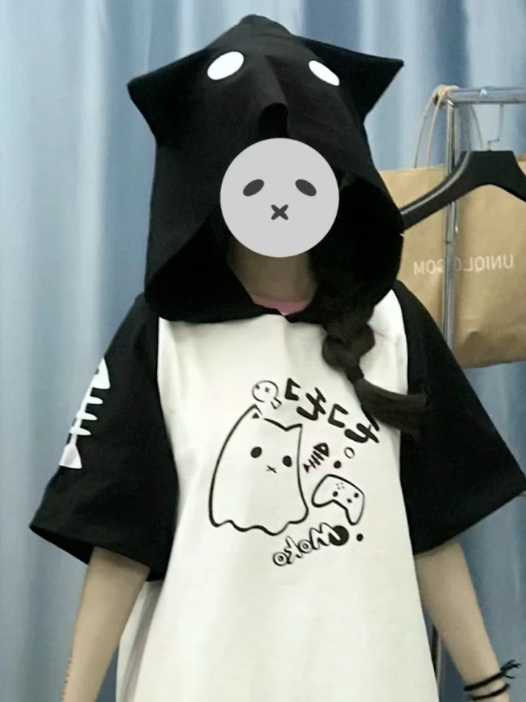 HOUZHOU Y2k Harajuku Kawaii T Shirts Women Japanese Style Sweet Soft Girl Cat Ear Cartoon Print Patchwork Hooded Tees Tops 2024