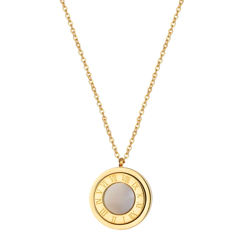 Black Acrylic And Shell Double Side Pendant Necklace Stainless Steel Roman Numeral Gold Color Jewelry For Women Holiday Gifts
