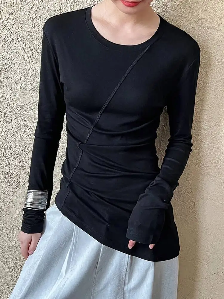 High Quality Perspective Women Gray Thin Slim Irregular T-shirt New Round Neck Long Sleeve Fashion Spring Autumn 2026 IDI5