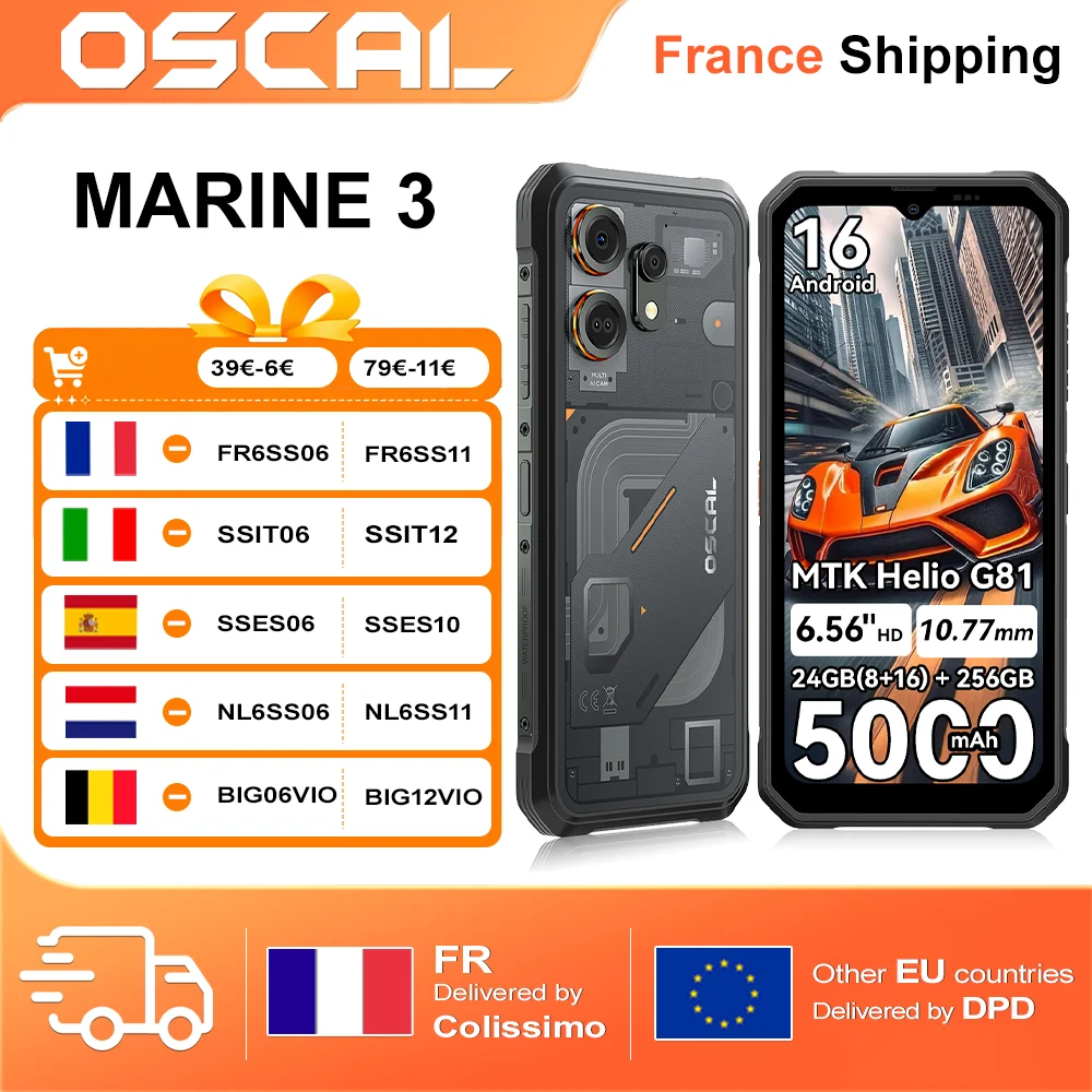 Smartphone robuste Blackview OSCAL MARINE 3 Android 16 24 Go (8+16) + 256 Go, écran HD 6,56 pouces, batterie 5000 mAh, cadre fin 10,77 mm, processeur MTK Helio G81 Octa-core