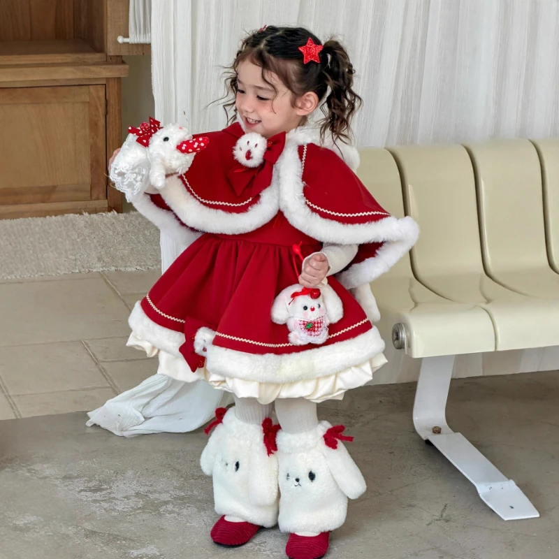 2025 Winter New Hot Selling Children's Plush Sweet Rabbit Cloak and White Bottom Shirt and Leg Cover 3-Piece Set