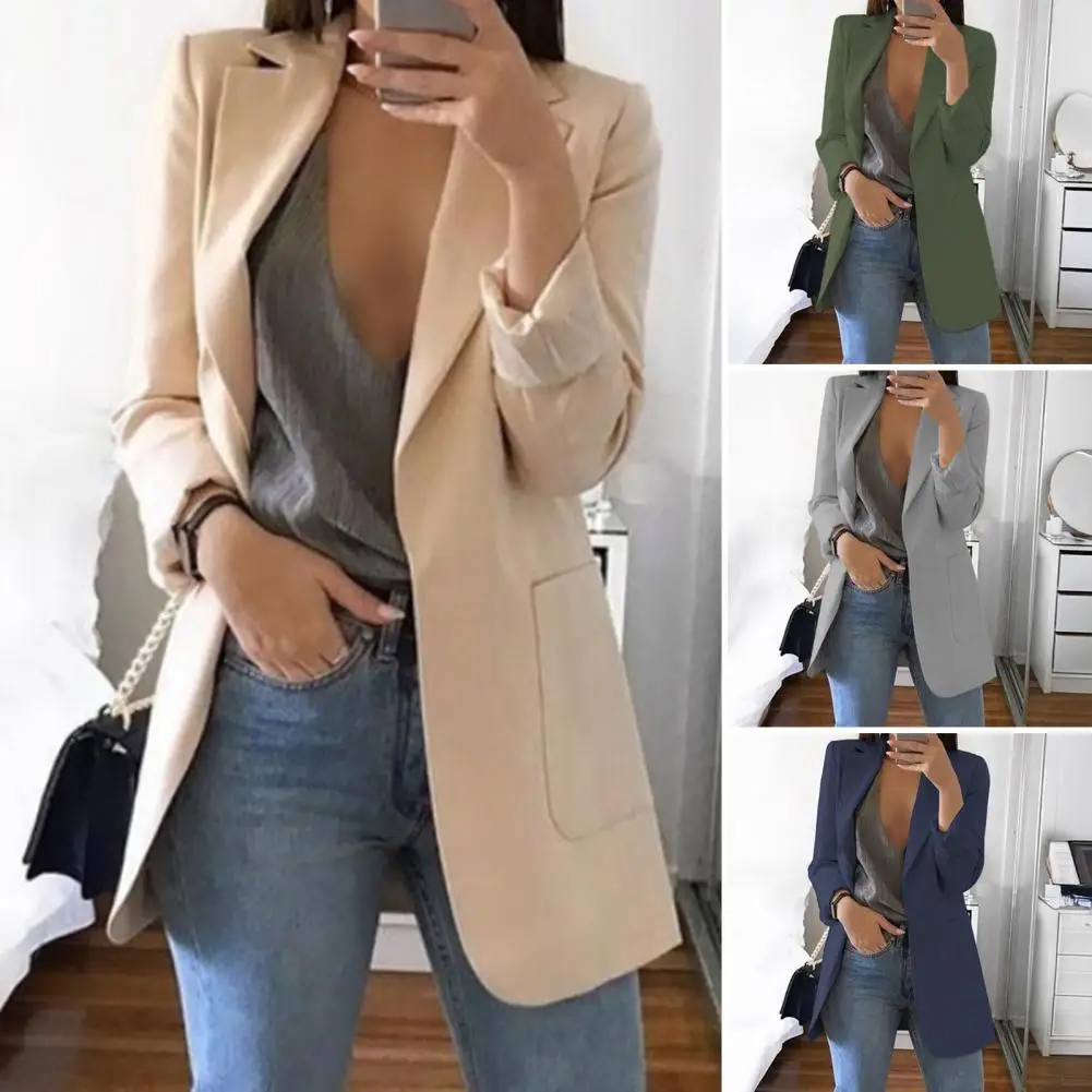 เสื้อเบลเซอร์แฟชั่นผู้หญิง สไตล์สปริง/ออทัมน์ ปกเสื้อแบบลาペル ตัดเย็บแบบเปิด ดีไซน์ใหม่ เสื้อคลุมลำลองทรงเข้ารูป มีกระเป๋า