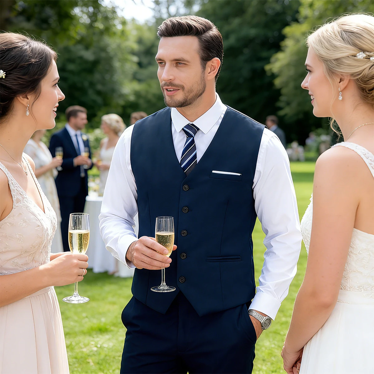 

Man Suit Navy Blue Vest Office Business Easter Church Outfi Set Wedding Ceremony Birthday Party Piano Performance Clothes