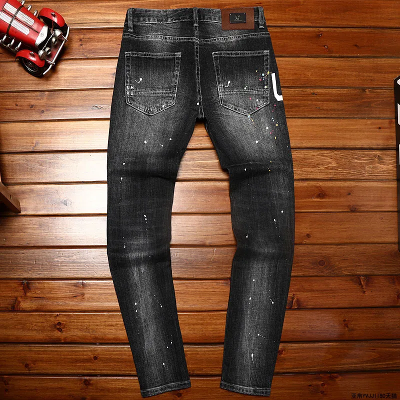 Letter Printed Jeans Men's Ripped Paint Design Trendy Unique Street Fashion and Handsome 2024 New Long Pants