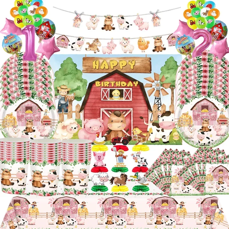 New Pink Farm Animals Theme Party Disposable Tableware Cup Plate Tablecloth Balloon Banner Girl Birthday Party Decorations