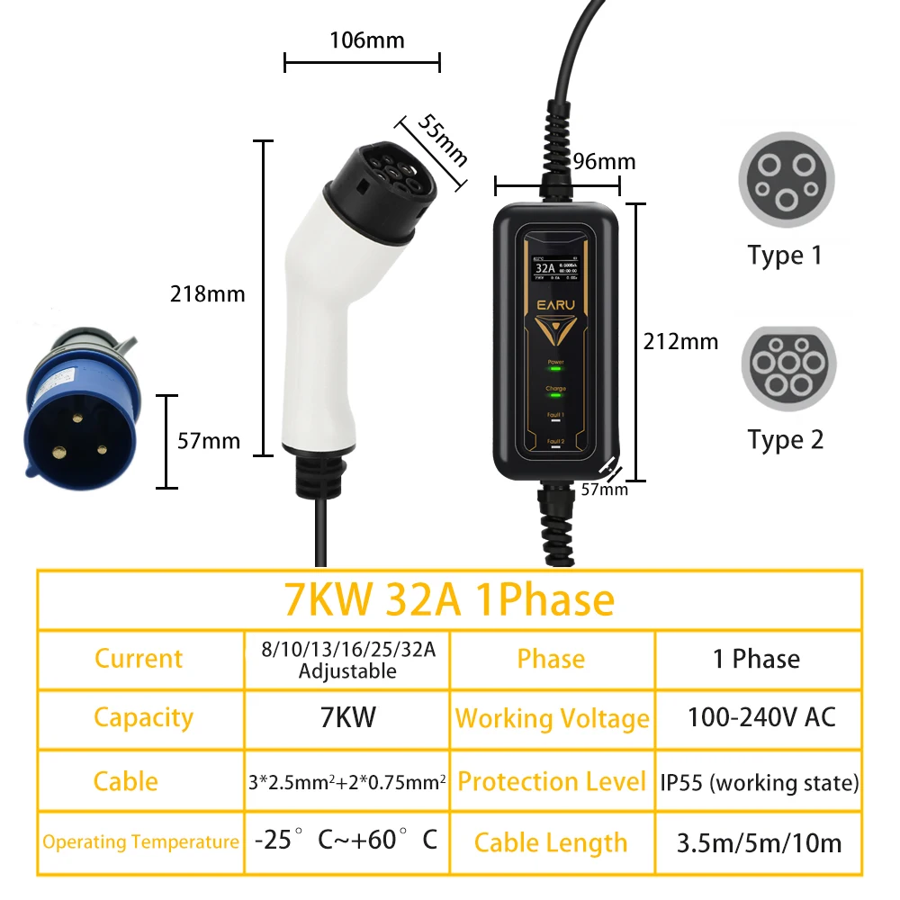 Portable EV Charger Type2 Cable 32A 7KW with CEE Plug EVSE Type1 Charging Box j1772 Adapter for Electric Vehicle earu