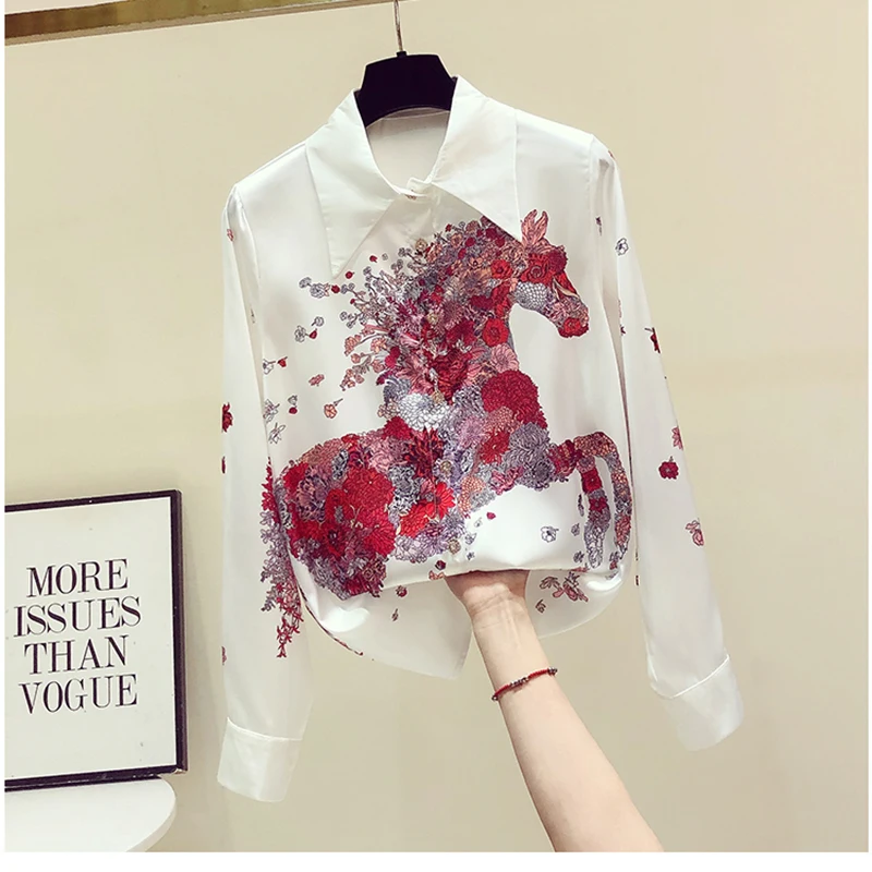 2023 Korean Version New Fashion Women's Shirts Printed Horse Vintage Elegant Loose Sleeve Thin White Shirts Spring And Autumn