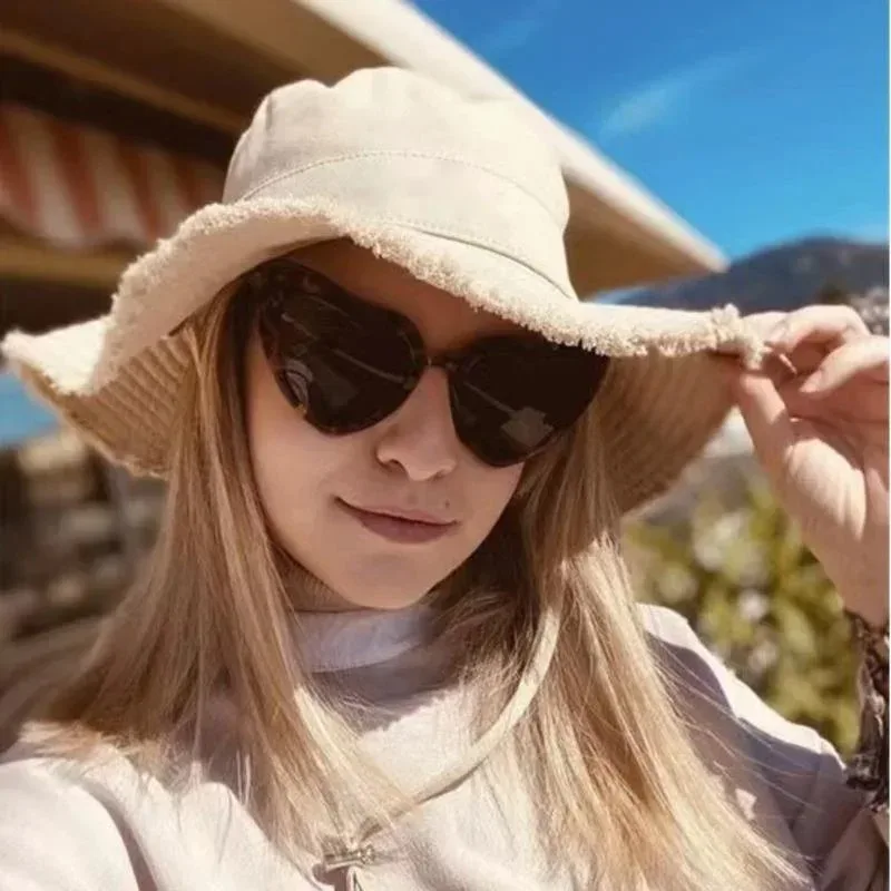 قبعات صياد الموضة طوي بوب قبعة بحافة مع حافة كبيرة واقية من الشمس مع ضبط الذقن حبل قبعات الشاطئ الصيد Gorras قبعة النساء