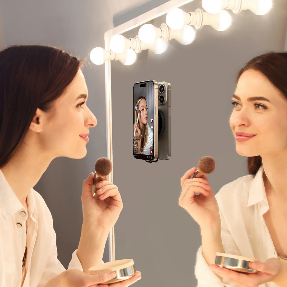 

Magnetic Suction Cup Phone Mount with Hand Strap Silicone Suction Phone Case Stand Mirror Shower Phone Holder for iPhone 15 Pro