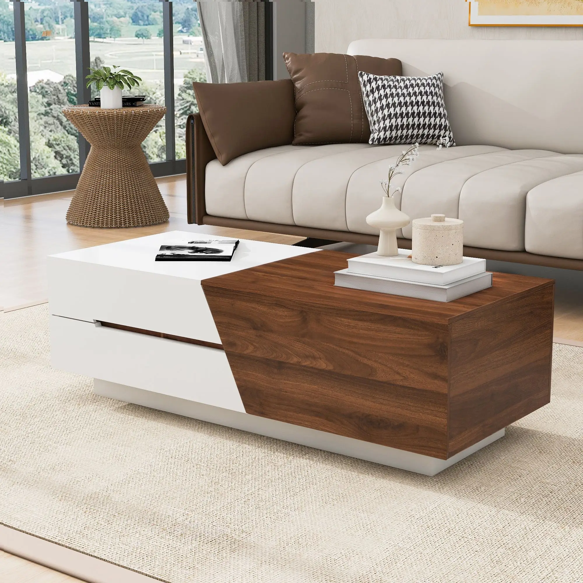 

Modern Extendable Sliding Top Coffee Table with Storage in White&Walnut ,Versatile Functionality,Café Tables
