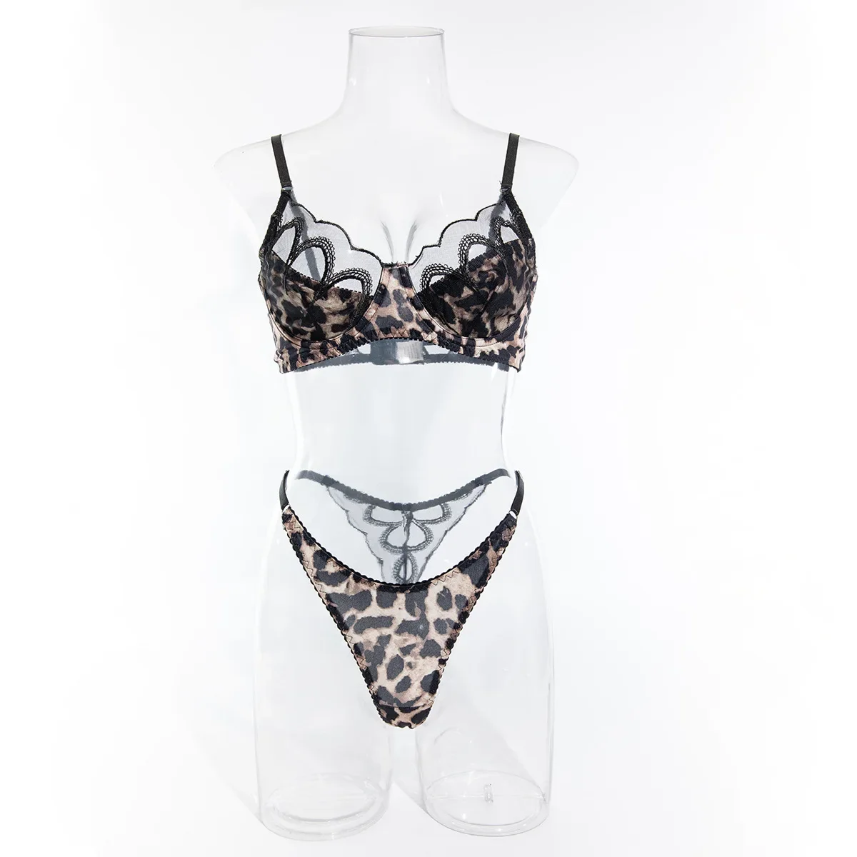 Leopard Print Lingerie Set 2-Piece Sheer Embroidery Bra + Brief Underwear Set Sexy Intimates