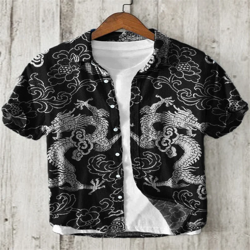 

2024 Hot Sale Foreign Trade Bamboo Hemp Ethnic Style Auspicious Cloud Dragon 3D Printed Short Sleeve Shirt Lapel Single Breasted