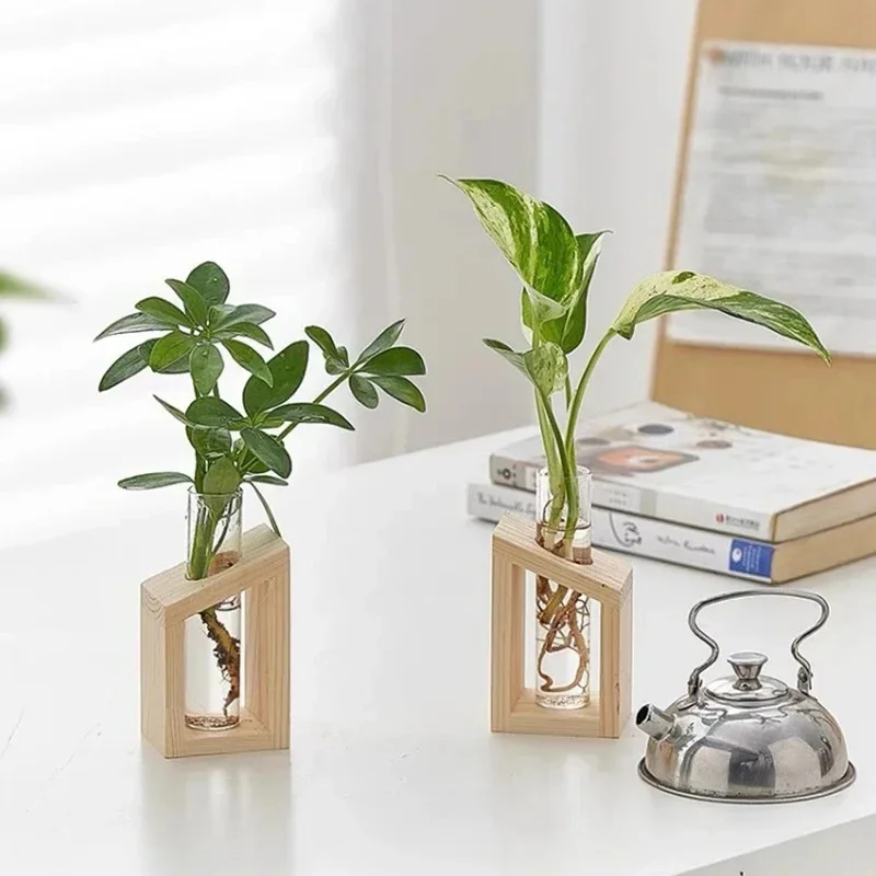 Wooden Flower Display Stand, Minimalist Hydroponic Plant Rack with Glass Test Tubes, Home Decor Flower Arrangement Holder