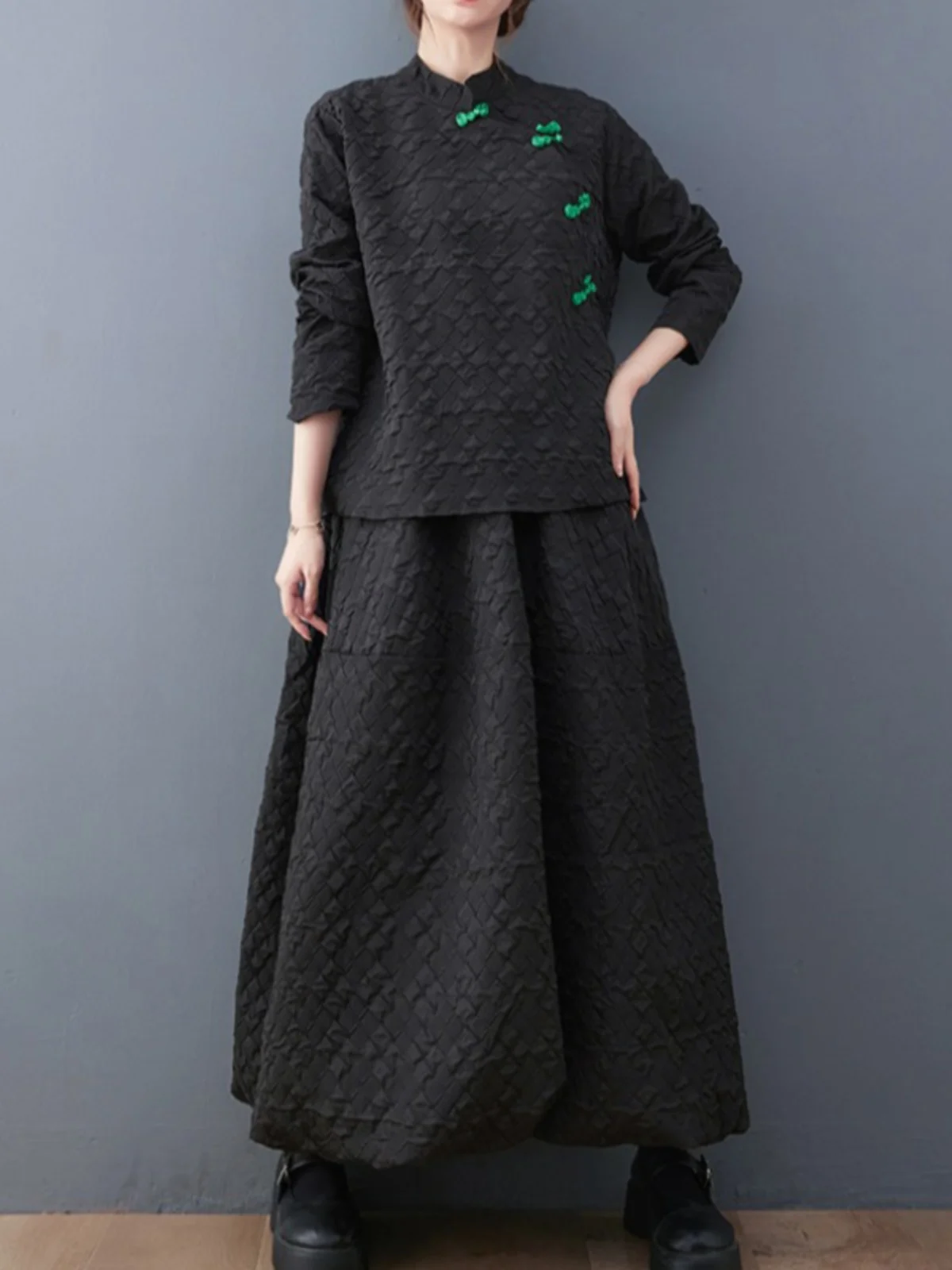 Retro Style Long Bubble Patterned  Top And Skirt Set High Waist Midi Skirt Fashionable plus Size Autumn Outfit