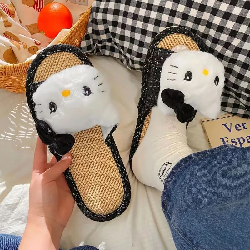 

Hello Kitty Slippers Linen Cool Mat Home Ventilation Sweat Absorption Anti Slip New Slippers Accessories Couple Gifts Wholesale