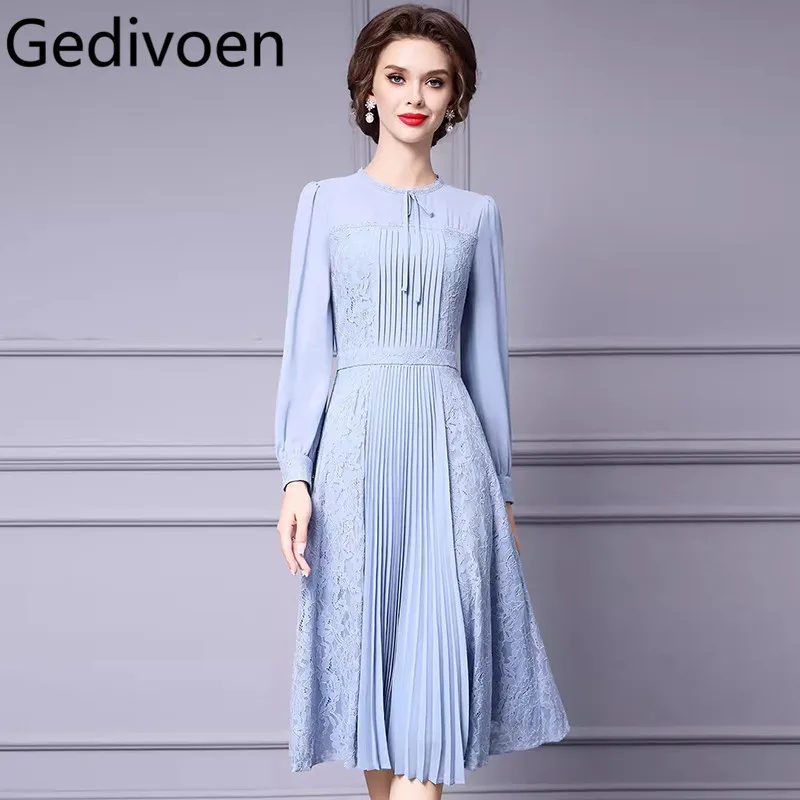 

Gedivoen Fashion Runway Design Women's Dress Autumn Winter Round neck Lace-Up Lantern Sleeved Pleated Splicing Elegant Dress