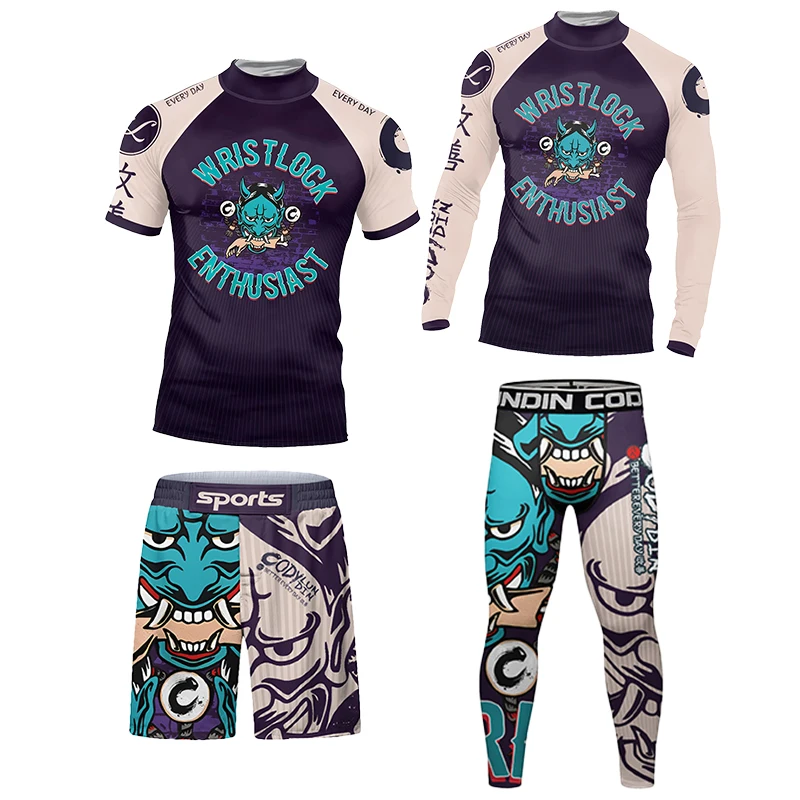 Tiger Rashguard Jiu Jitsu MMA T-shirt Pant 4/Pcs Sets Sport MMA Shorts Compression Boxing Jerseys Bjj Rash Guard Wrestling Wear