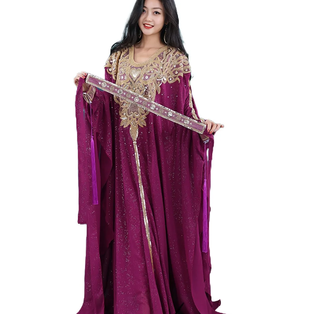 Purple Embroidered Khaleeji Abaya Dance Dress Batwing Sleeve Kaftan with Mermaid Inner Slip Persian Stage Performance Costume