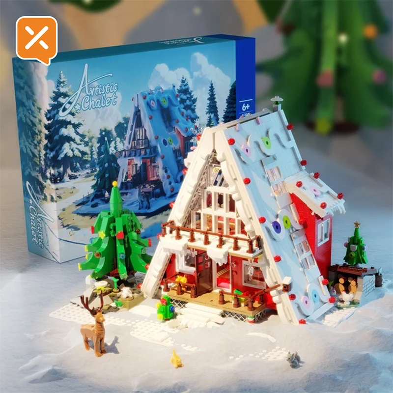 Creative 2159Pcs Christmas Tree Winter Village House With Lights Model Building Blocks MOC Snow Hut Mini Bricks Toys Xmas Gifts