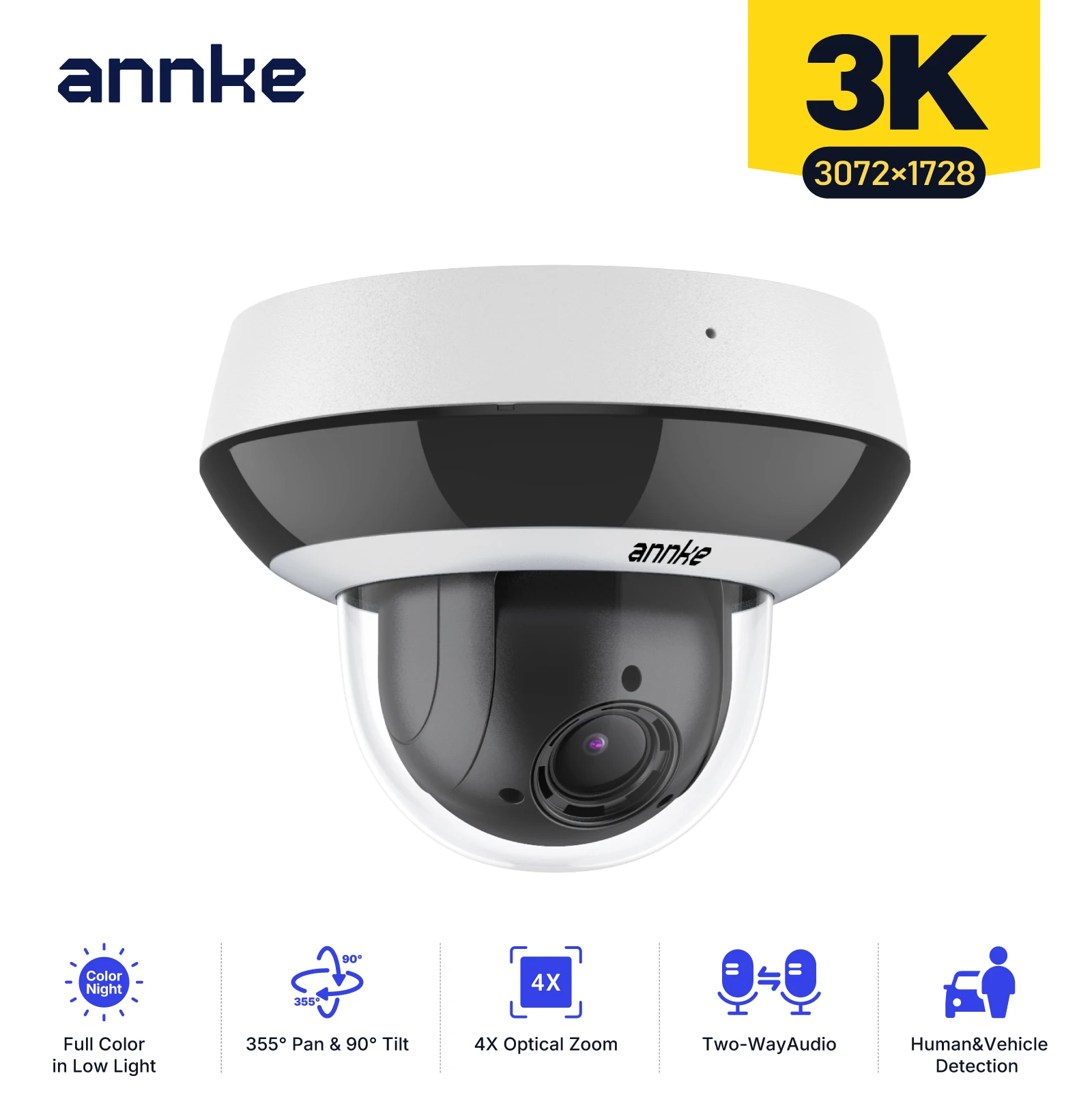ANNKE 3K Outdoor PoE PTZ Dome Camera, 4X Optical Zoom, 3072 × 1728 @ 30FPS, Color Night Vision, Human & Vehicle Detection, Two-Way Audio, IK10 Vandal-Proof