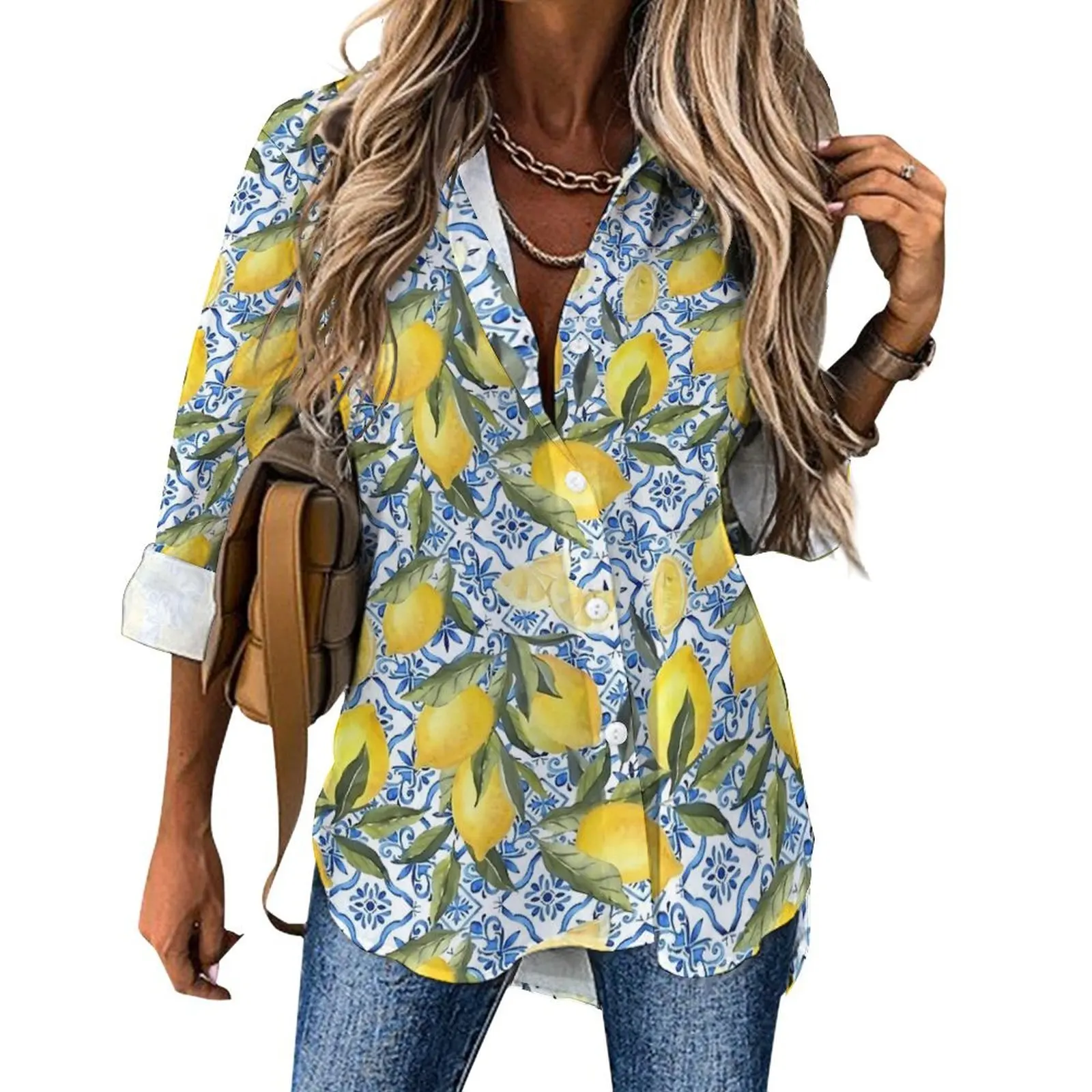 Vintage Lemon Blouse Women Blue and White Tiles Fashion Loose Blouses Summer Long-Sleeve Trendy Shirt Graphic Tops Big Size 3XL