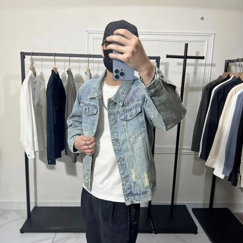 

Светло-голубое облегающее ковбойское пальто для мужчин в стиле рок, новая верхняя одежда, модная самая низкая цена, оригинальные джокеры Y2k из ткани, джинсовые куртки для мужчин