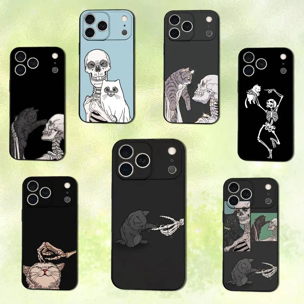 

Painting Art Skeleton Cat Phone Case For iPhone 14,13,17,12,11,16,15,Plus,Pro Max,XS,X,XR,SE,Mini,Soft Silicone Black Cover