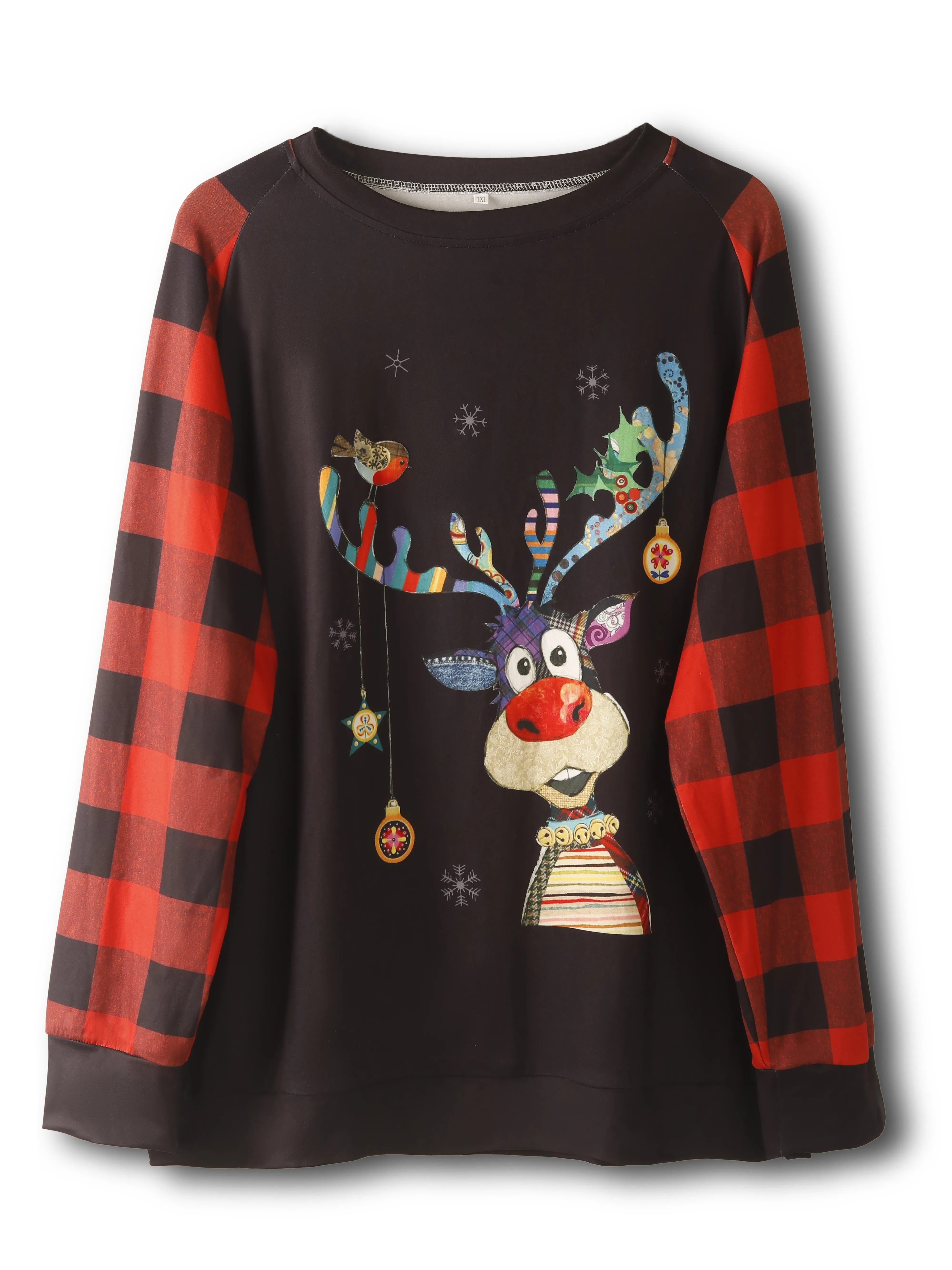 Cute Reindeer Print Long Sleeve Plaid Patchwork Plus Size Christmas Sweatshirt for Women