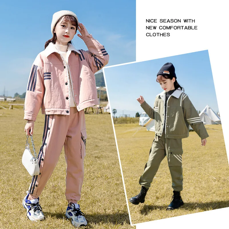 

Winter School Girl Thicken Denim 2-piece Set Teenager Girl Plus Velvet Striped Lapel Workwear Jacket+Sport Pants Sets For Girls