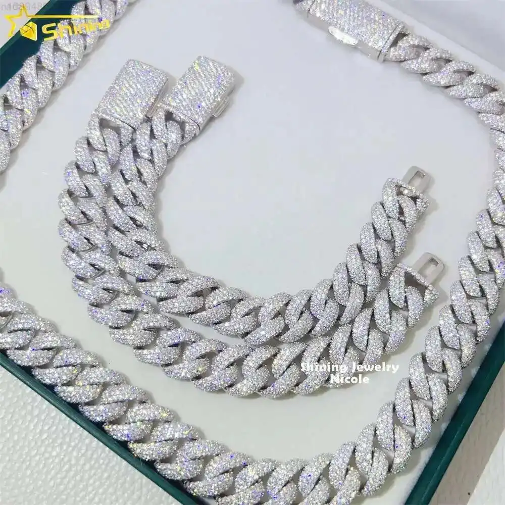 

High-end Bling Sparkle Hip Hop Necklace Bracelet 15mm Silver Iced Out Vvs1 Moissanite Cuban Link Chain