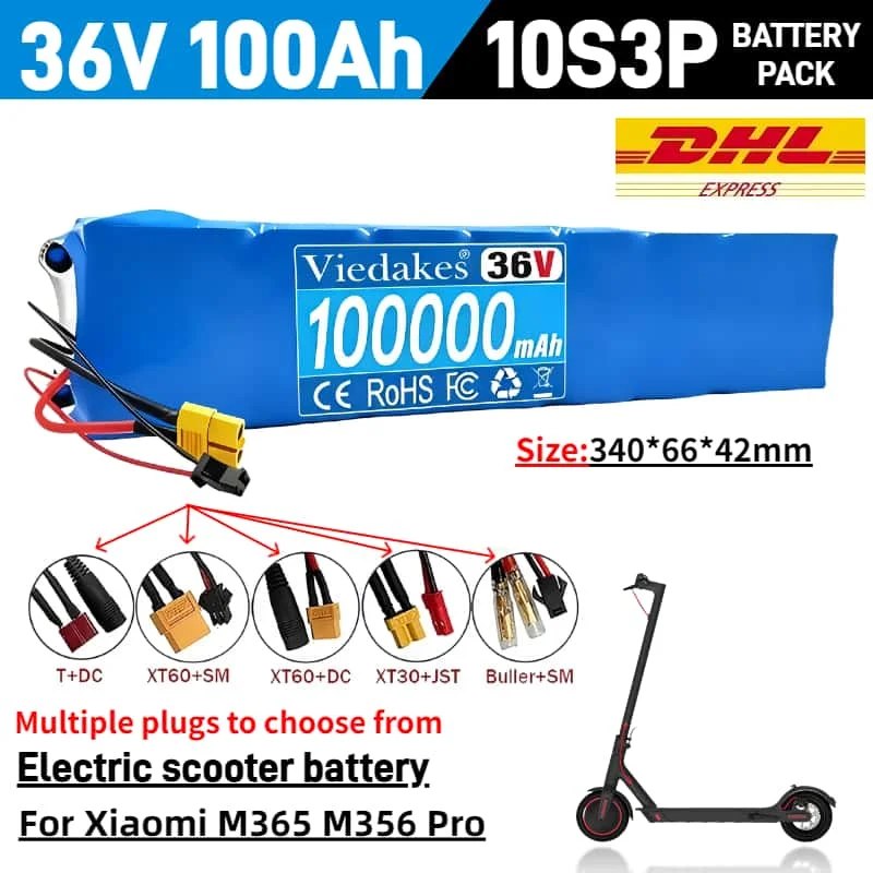 

36V 100Ah Rechargeable Lithium Battery 18650 10S3P800W Power Modified 36V Electric Scooter Battery with BMSSYP XT60 JST
