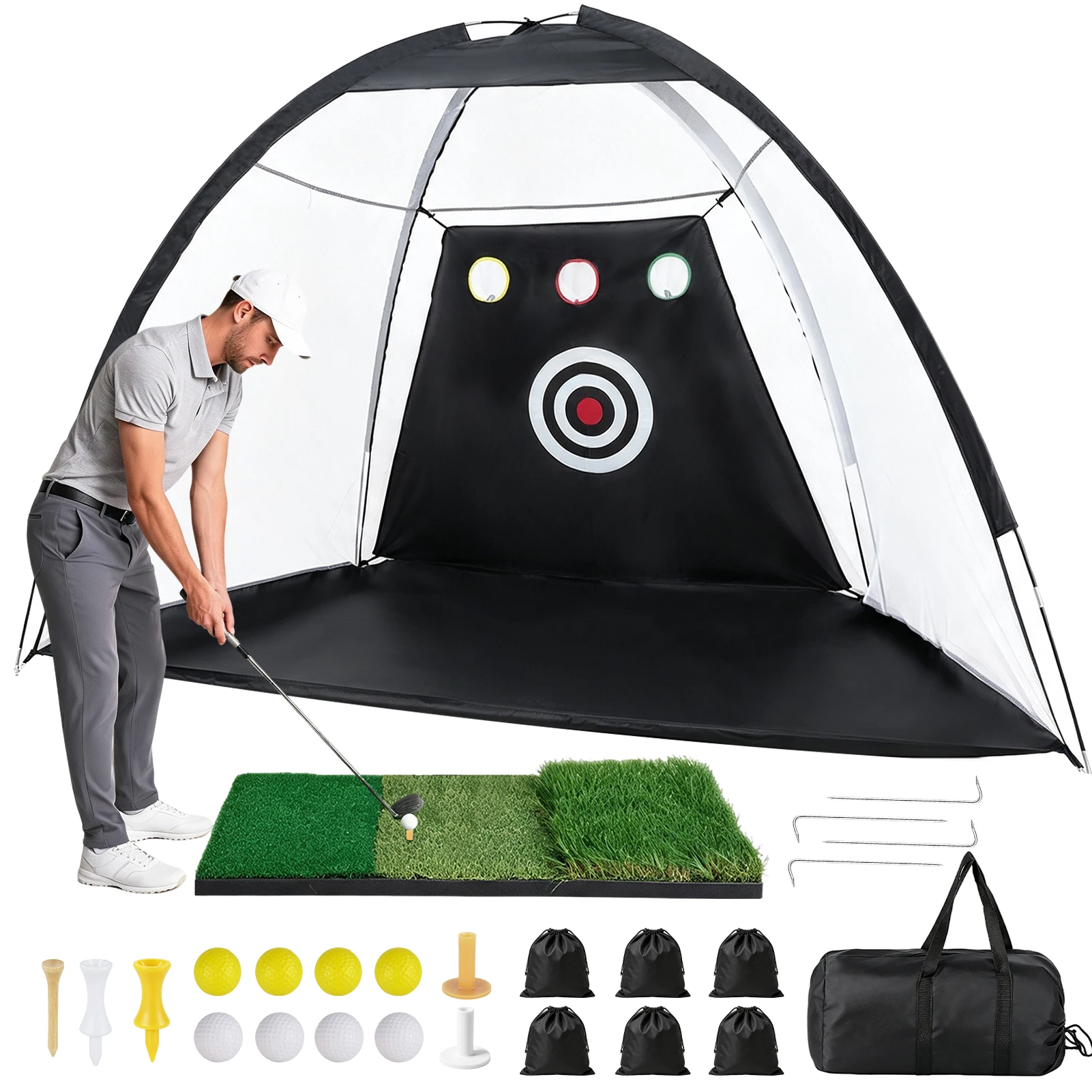 Premium Golf Practice Net with Targets & Mats - Indoor/ Outdoor Swing Training for Men Fathers Boys & Pros - Durable Polyester Black/ White