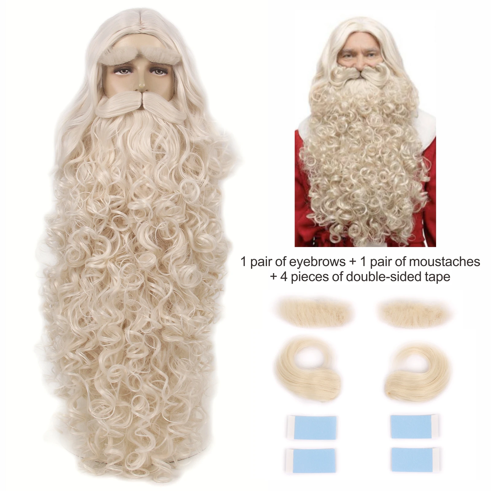 REEWES Christmas Santa Claus Hair Wig+Beard Set Cosplay Accessory Blonde synthetic  Wig For Men Halloween Dress Costume