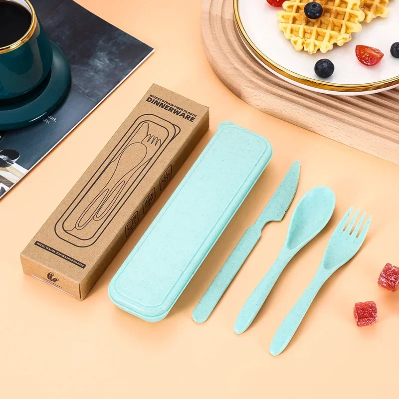 Juego de cubiertos cuchara, tenedor, cuchillo, paja de trigo, vajilla portátil para el almuerzo de viaje con caja, vajilla para estudiantes, accesorios de cocina, 3 uds.