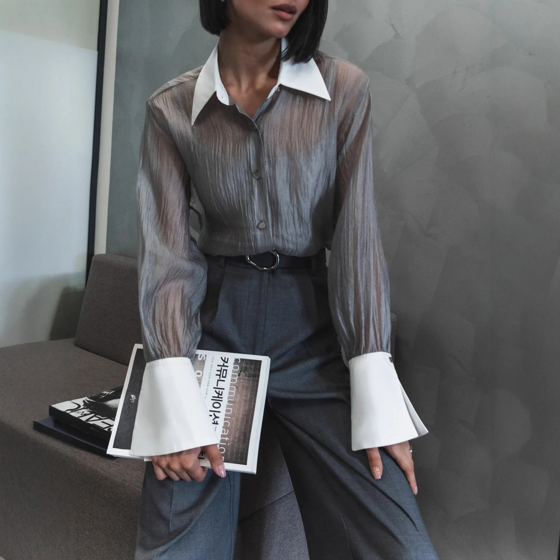 

Summer Elegant Splicing Shirt Tops Female Hollow Out Fashion Commute Vintage See-Through Mesh Blouse Office Women's Shirts New