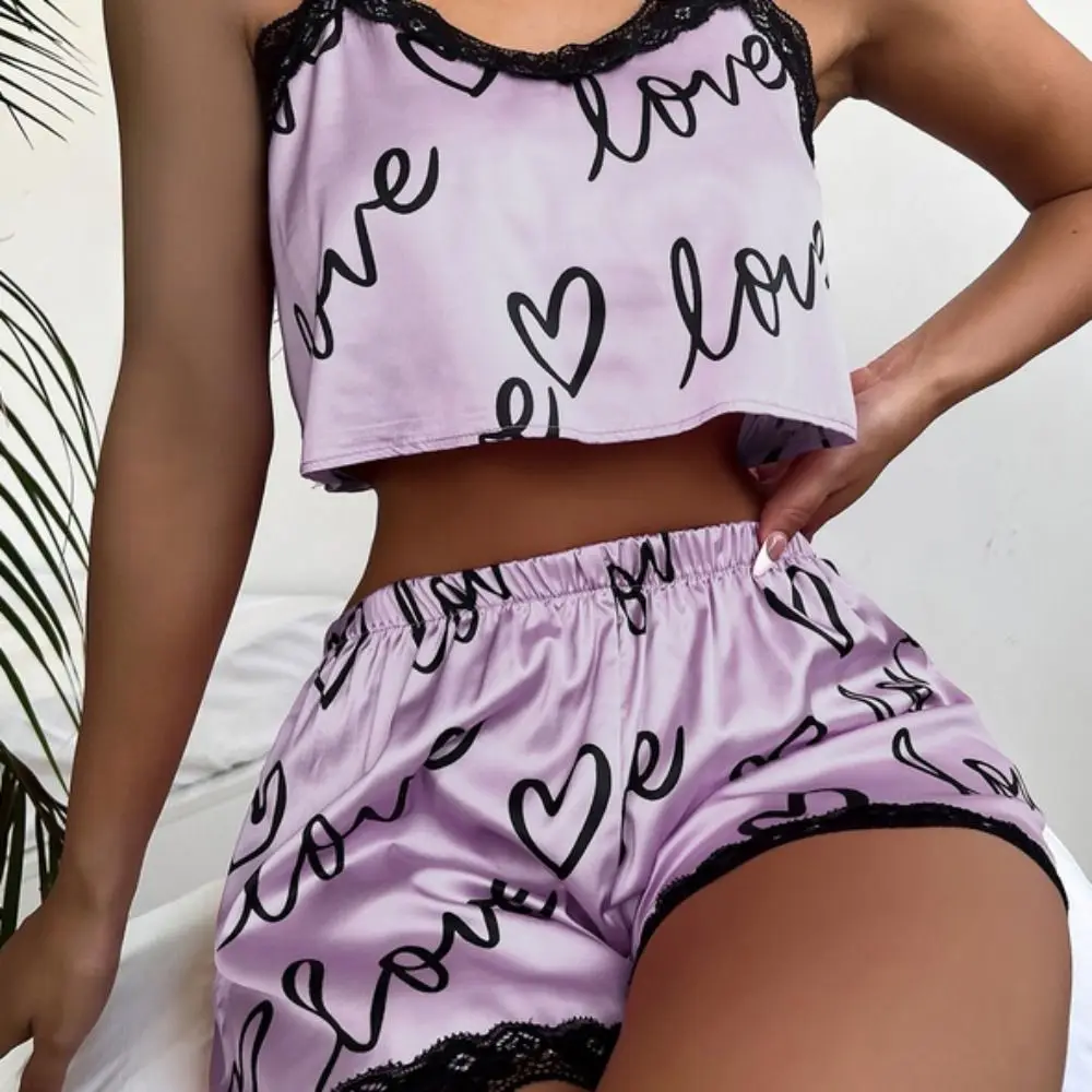 Casual Heart Ice Slik Pajamas Set Letter Cami Shorts Lace Nightdress Suit Homewear Ins Style Satin Sleepwear Women Summer