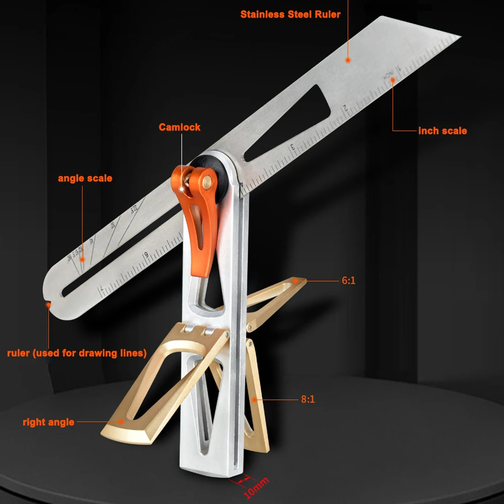 Woodworking Scriber Ruler Heavy Duty T-Shape Multi-Angle Scribing Tool Stainless Steel Movable Angle Ruler Dovetail Gauge