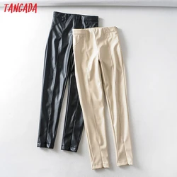 Tangada women black white skinny PU leather pants stretch zipper female autumn winter pencil pants trousers 6A04