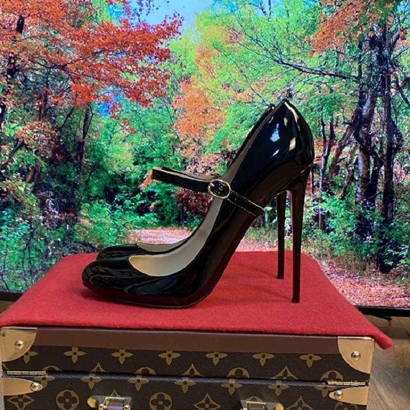 

Spring and Summer New Round Toe Shallow Mouth Lacquer Leather Single Shoes Thin High Heels Banquet Dress Large Women's Shoes