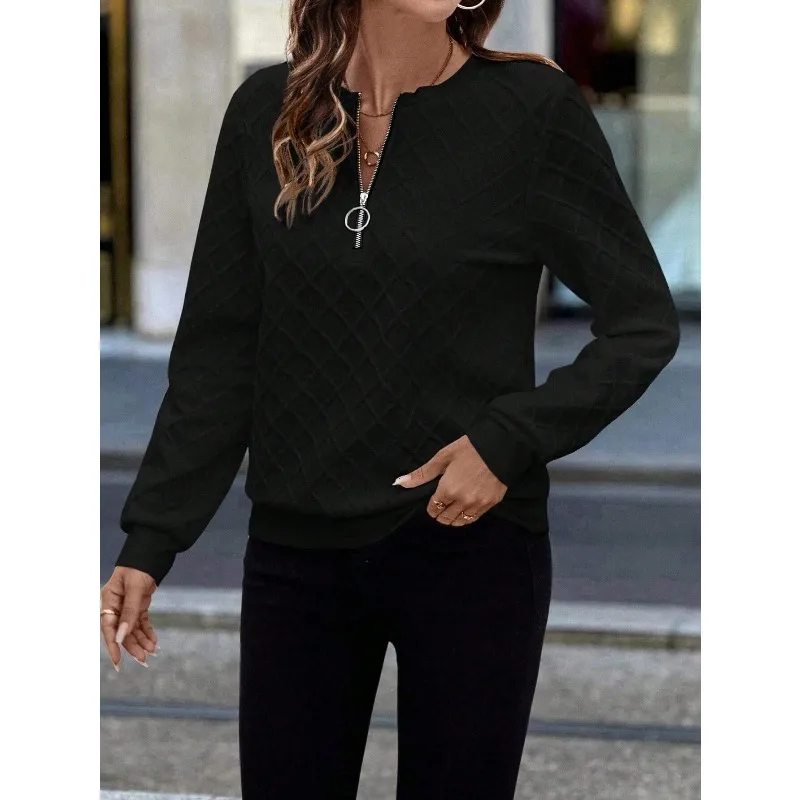 Plus Size 1XL-5XL Novos moletons femininos com meio zíper e manga comprida pulôver ﻿