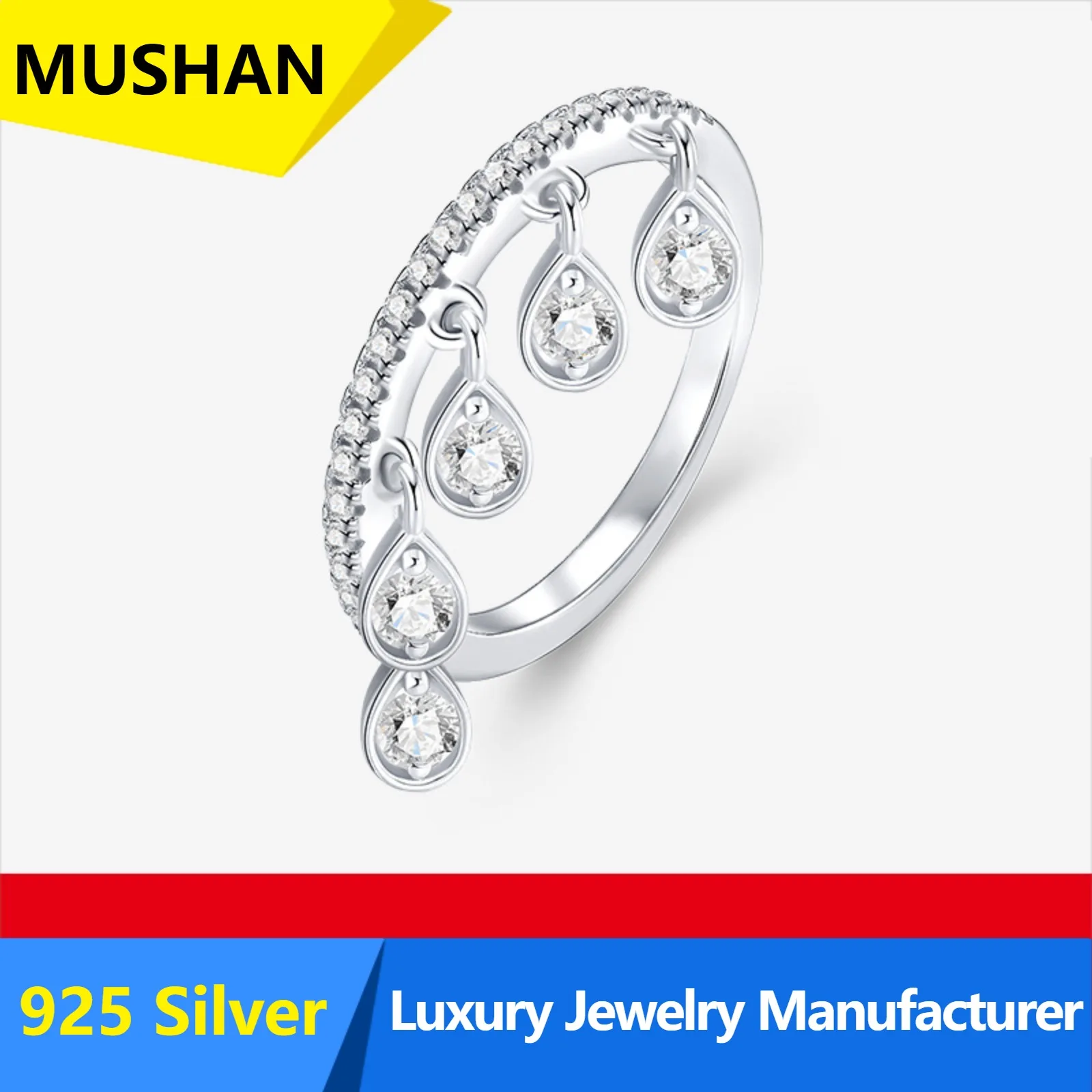 MUSHAN Luxury 925 Sterling Silver Jewelry Factory Ring, Fashion Hot Sale Moissanite Sterling Silver Niche Ring