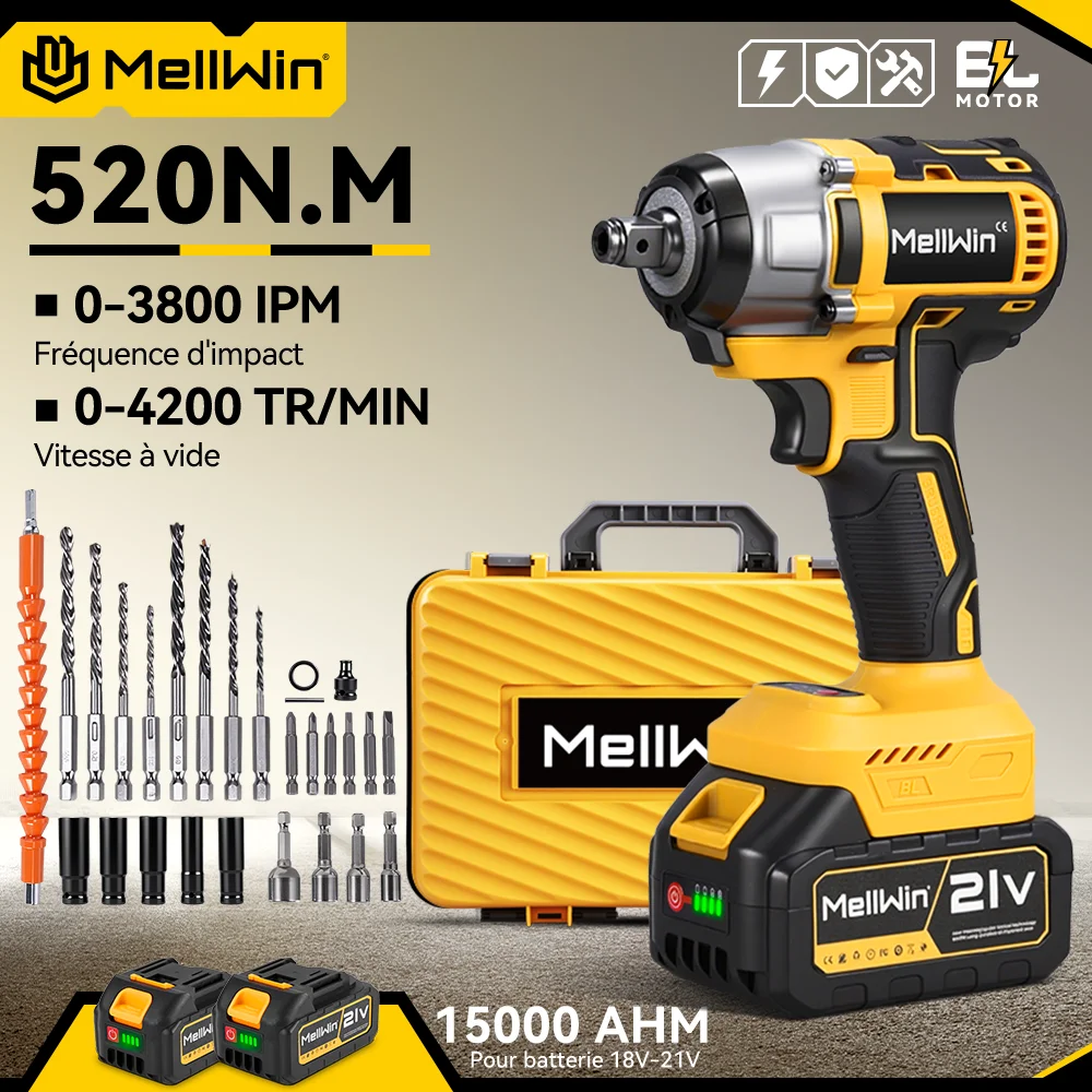 MELLWIN 520N.M Jeu de clés électriques sans balais 3-EN-1 Clé à chocs sans fil Perceuse électrique Tournevis pour batterie Makita 18 V